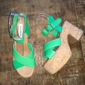 Steve Madden Palmer Platform Sandal Womens 11 Bright Green Cork Chunky Retro 70s